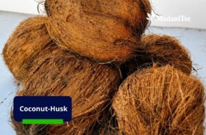 Coconut husks being processed into valuable coir fiber