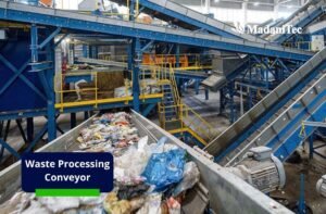 Waste processing conveyor moving recyclable materials in a modern recycling facility