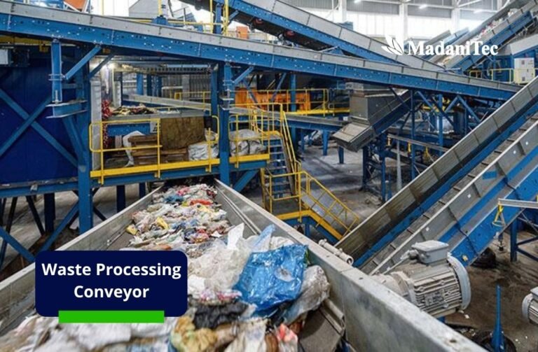 Waste processing conveyor moving recyclable materials in a modern recycling facility