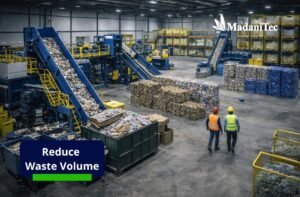 Industrial warehouse filled with cardboard and plastic waste to reduce waste volume