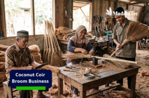 Coconut coir broom business with workers producing natural fiber brooms