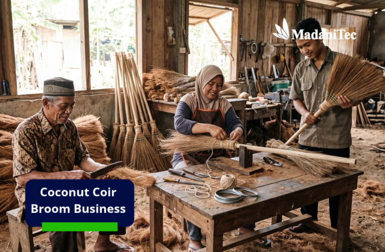 Coconut coir broom business with workers producing natural fiber brooms