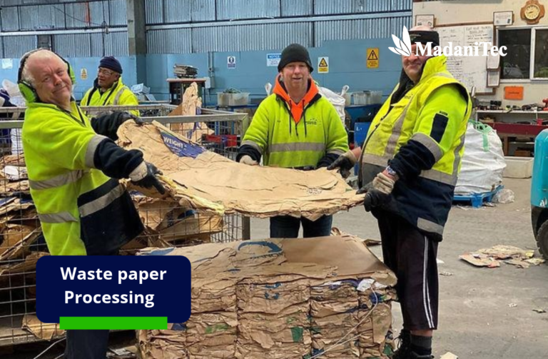 Waste paper processing with workers sorting used paper and cardboard